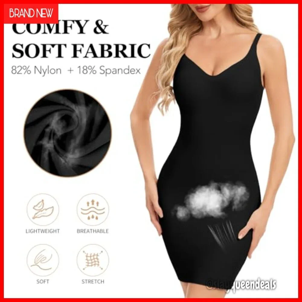 Seamless Tummy Control Slip Dress Plunge Neck Shapewear Under Dresses